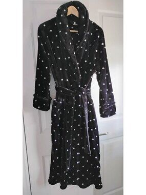 SONOMA Super Soft Plush Fleece Long Robe - Black & White Polka Dot - Size S